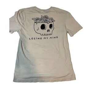 Women's T-shirt SZ XS Cream Skull Roses "Losing My Mind" Funny Whimsigoth Casual